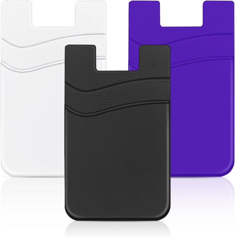Senose Phone Wallet, 3 Pack Card Holder for Back of Phone Stick on Phone Cases Great Storage Compatible for iPhone/Android/Samsung Galaxy - Black+White+Purple - Image 1